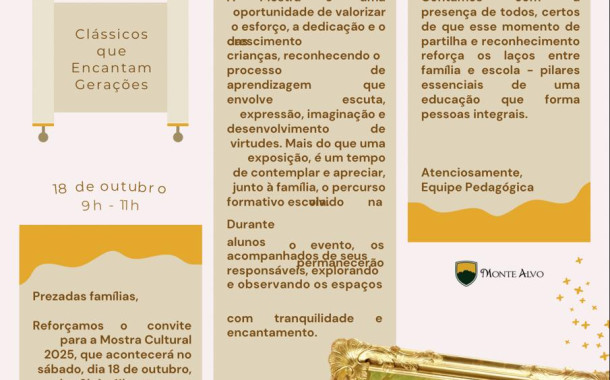 É SÁBADO, DIA 18! Escola Monte Alvo realiza Mostra Cultural 2025 com tema 